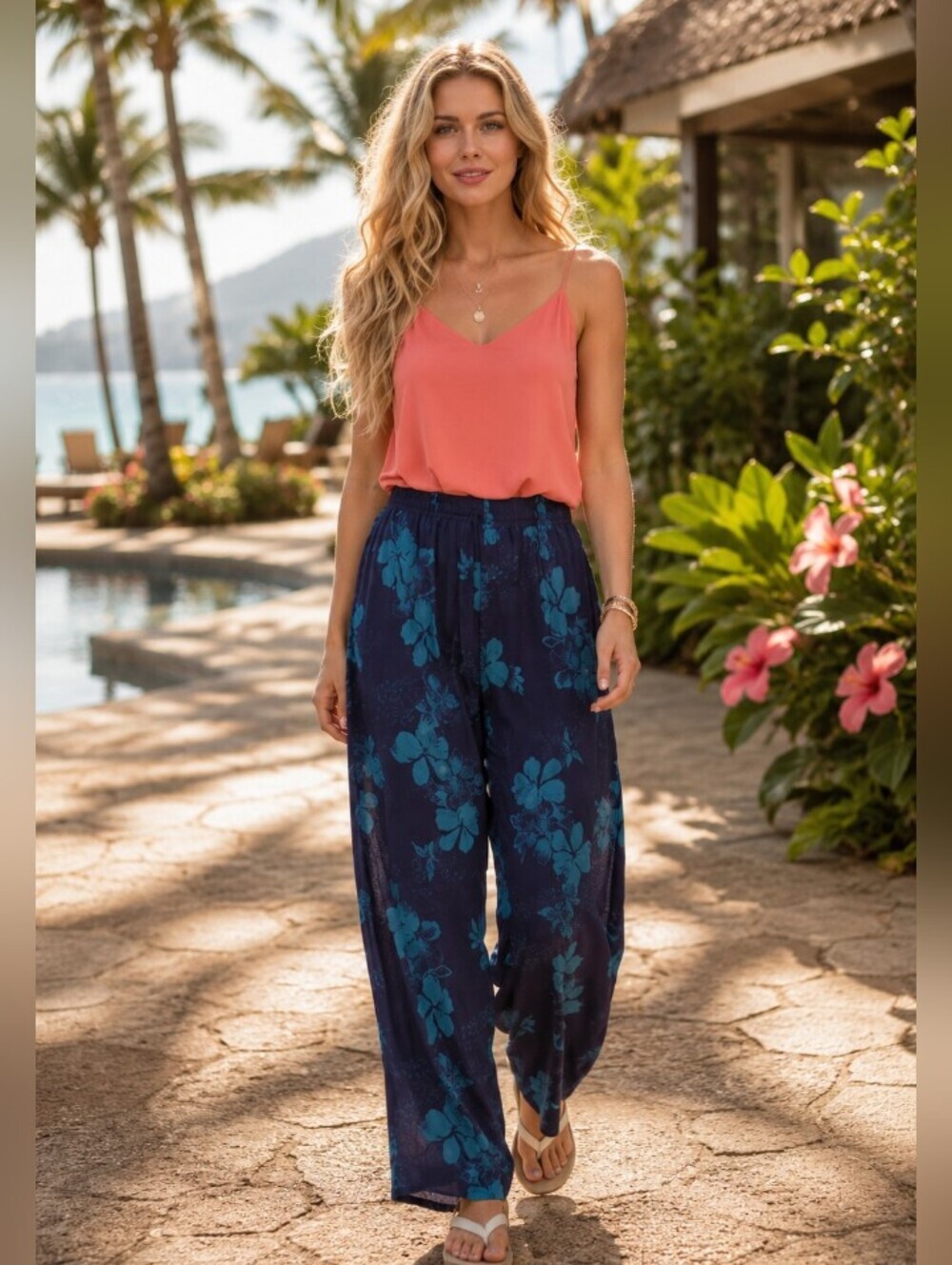 Y2K Venezia Resort Ready Flowy Hibiscus Print Pants